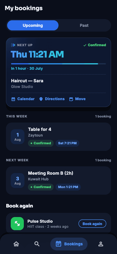 The Waqtee app's bookings screen: the next appointment, a live countdown, and quick actions.