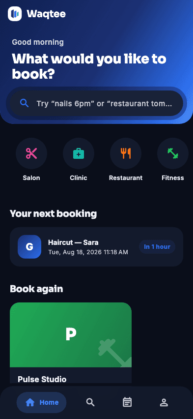 The Waqtee app's home screen: search, categories, and the customer's next booking.